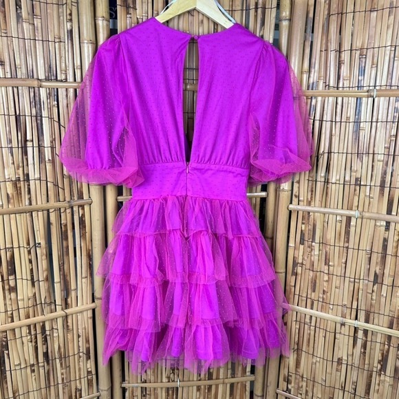 LULUS Dramatic Poise Hot Pink Dot Tulle Puff Sleeve Tiered Mini Dress XXS - Picture 7 of 16